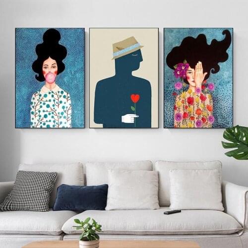 Nordic Girl Hair Flower Bird Wall Art Canvas Painting Abstract Figure Character Colorful Poster and Print Wall Picture Decor