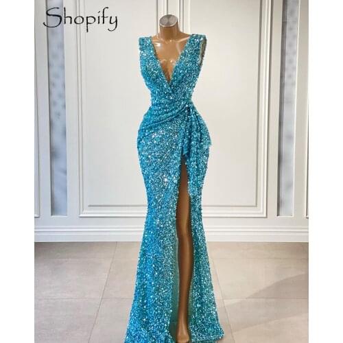 Sparkly Long Evening Dresses 2021 V-neck Mermaid Style High Slit African Women Sky Blue Sequined Formal Gowns