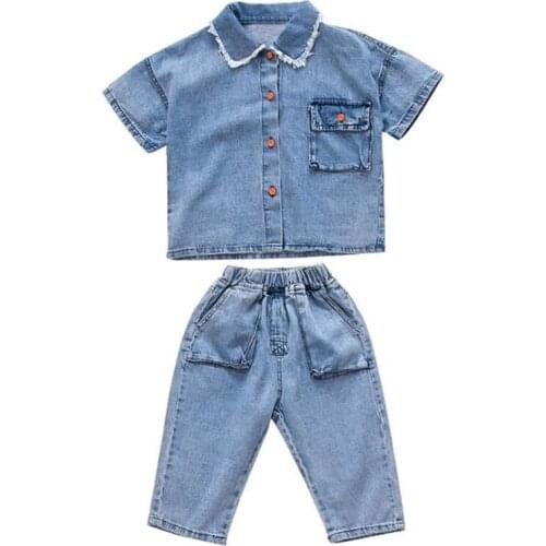 DFXD High Quality Children Clothing Sets New Summer Cotton Two Piece Outfit Sets Short Sleeve Jeans Blouse Tops+Pants 2-7Yrs