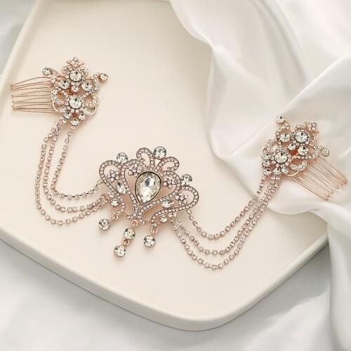Rose Gold Silver Color Hair Comb Rhinestone Tiaras Chain Headbands Bridal Wedding Hair Combs Women Hair Accessories Jewelry Gift