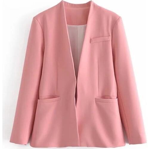 Za 2021 Spring autumn women high quality OL Office casual coat v neck Suits jacket Long Sleeve Outerwear pocket versatile Blazer