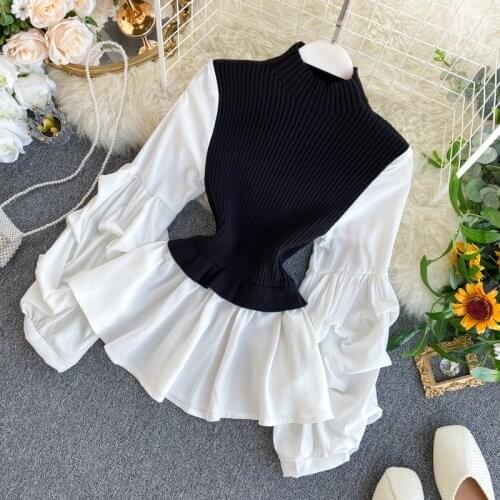 Womens Knit Patchwork Fake Two-Piece Tops Slim Fit Lantern Sleeved Shirt Tide Turtleneck Pullovers Sweater Tops ML574