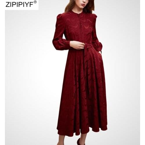 High Quality Red Lace Embroidery Women Dress Spring Runway Designer Lantern Sleeve Mid-Calf Dress Elegant V-Neck Slim Vestidos