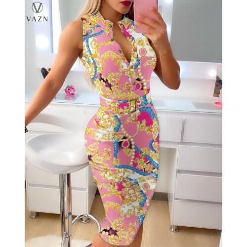 VAZN 2021 Autumn Plus Size Pencil Sweet Mature Overalls Sexy Tank Sleeve Long Dress Free High Waist Thin Midi Women Dress