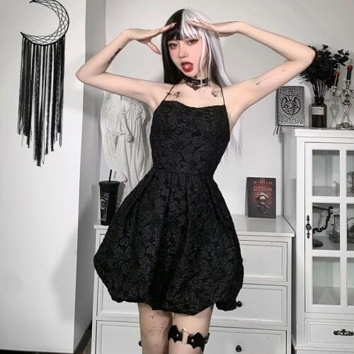 Vintage Sexy Backless Black Dress Pastel Goth High Waist A Line Dresses Women Gothic Party Outfits Summer Dress 2021
