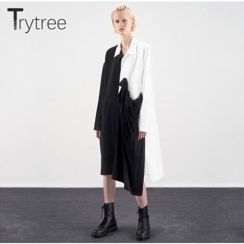 Trytree 2020 Autumn Winter Women Casual Dress Turn-down Collar Button Black Patchwork Loose Fashion Elegant Knee-Length Dress