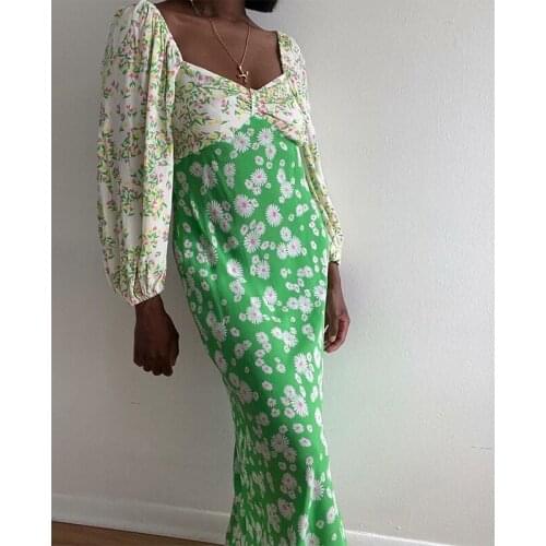 YENKYE Fashion Women Hit Color Floral Print Boho Dress Female Sexy V Neck Lantern Sleeve Summer Holiday Dress Chiffon Vestido