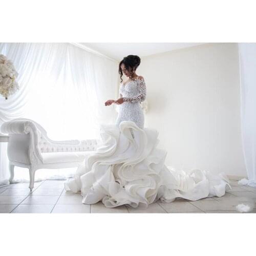 Fashion Mermaid Wedding Dresses New Arrival Lace Long Sleeve Muslim Vestido De Noiva Romantic Appliques Ruffles Wedding Gowns