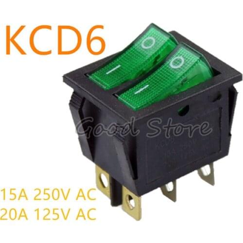 1PCS KCD8 6 Pin 2 Position 15A 250V 20A 125VAC ON-OFF With Green Light Switch Big Rocker Switches Two-Way Switch 25x31mm