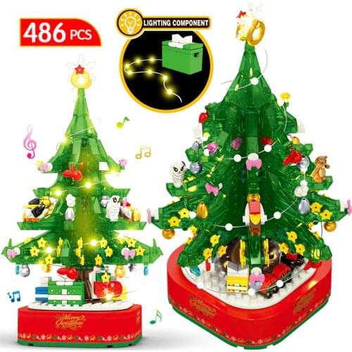 DIY Christmas Tree Rotating Music Box Building Blocks Friends Santa Claus Kids LED Shining Xmas Bricks Toys For Grils Children