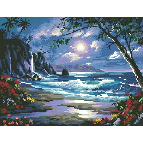DIY Bead embroidery Moonlight seascape with Pre-Printed Canvas Pattern Home decoration Hobby and needlework 21.7”x16.6"