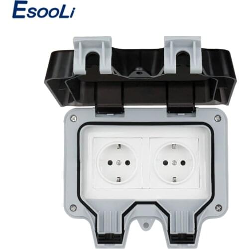 Esooli IP66 Weatherproof Waterproof Outdoor Wall Power Socket 16A Double EU Standard Electrical Outlet Grounded AC 110~250V