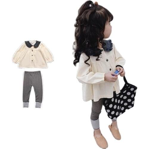 Korean Girls Clothing Sets New Spring Autumn Lovely Girls Clothes Long Sleeve Shirt+pants 2pcs Cartoon Ruffles Suit For Kids1-7t