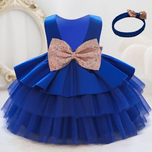 New 2021 Formal Child Baptism First 1st Birthday Dress For Baby Girl Clothing Princess Dresses With Headband Party Dress Bowknot