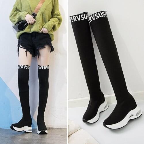 Autumn/Winter New Fleece Sock Shoes Knitted Boots for Women Long Boots Female over the Knee Skinny Leg Stretch botas mujer 2020
