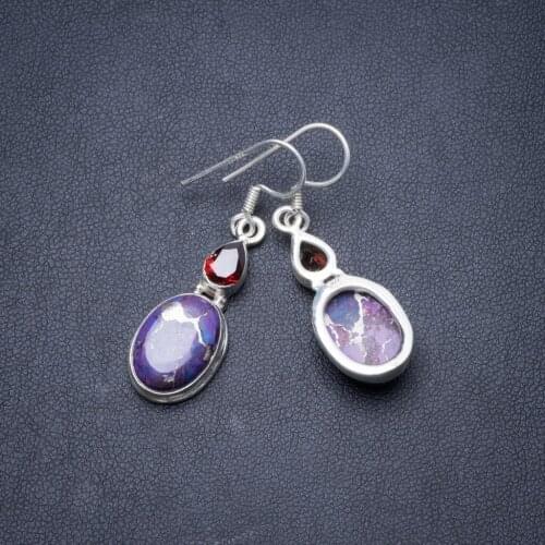Natural Copper Turquoise and Garnet Handmade Unique 925 Sterling Silver Earrings 1 1/2" Y2346