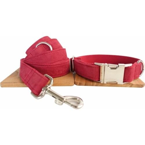 Customized Dog Collar Engraved Puppy ID Tag Leash Collar Set Adjustable Outdoor Solid Canvas Pet Collar Leash Red CHERRY