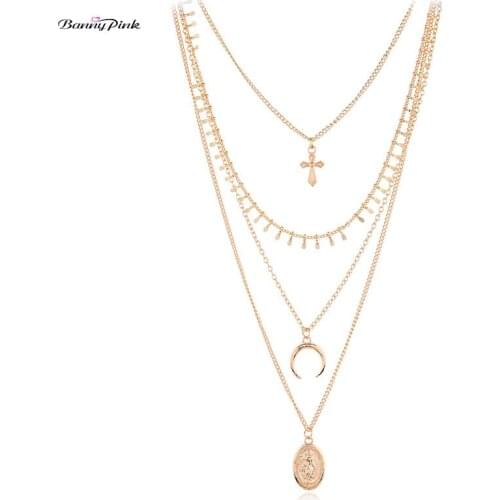 Banny Pink Religious God Blessed You Multi Chain Neckalce For Women Multi Layer Cross Virgin Mary Pendant Choker Collar Colliers