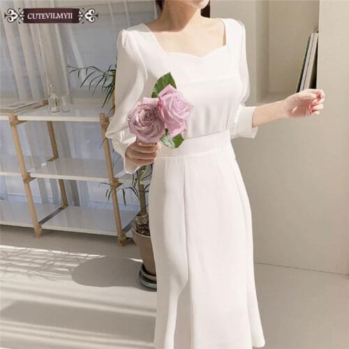 Women Summer Lace-up Slim Waist Retro Vintage Chic Korea Dresses White Elegant Romantic Square Collar Solid Midi Dress