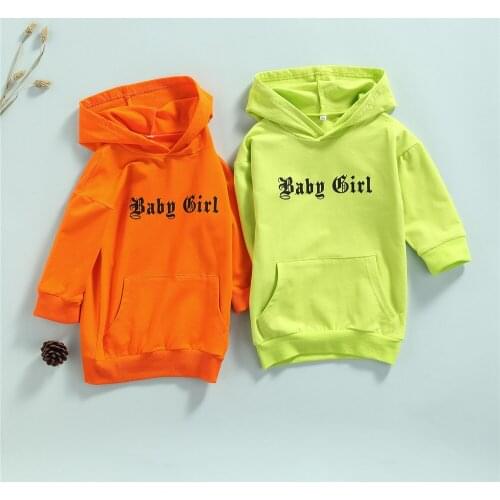 Pudcoco Girls Casual Long Sleeve Dress Letters Printed Pattern Hooded Long Pullover Fluorescent Green/ Orange 18M-4T
