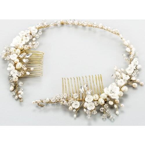 SLBRIDAL Handmade Crystals Rhinestones Freshwater Pearls Flower Wedding Hair Comb Headband Bridal Hair Accessories Women Jewelry