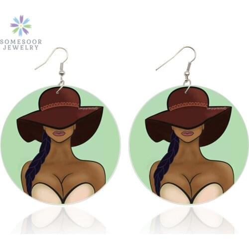 SOMESOOR Afro Beauty Black Woman Artistic Wooden Drop Earrings African Ethnic Portrait Double Sides Printing Jewelry Lady Gifts