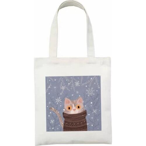 Bags For Daily Shopping Foldable Reuse Cute Cat Kitty Printing Women Reusable Travel Beach Bag Canvas 2021 Fashion Handbag