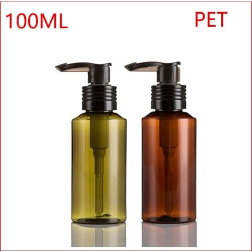 100ML Green/Brown flat shoulder PET empty plastic bottle w lotion pump makeup container cosmetic Refillable Bottles
