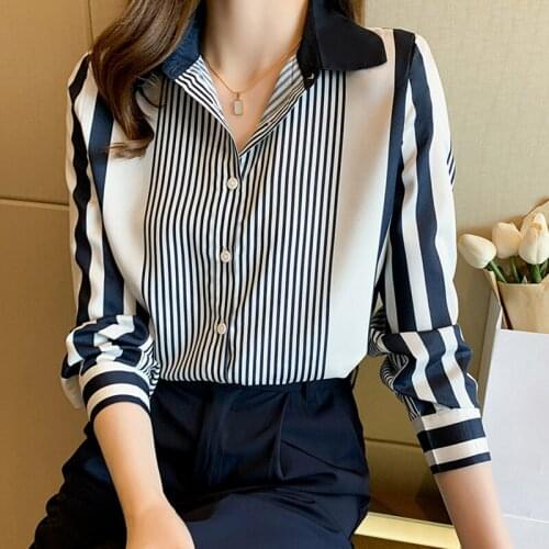 Chiffon Striped Blouse Shirt Women Long Sleeve Blouses 2021 Spring Autumn Fashion Vintage Office Ladies Turn-down Collar Shirts