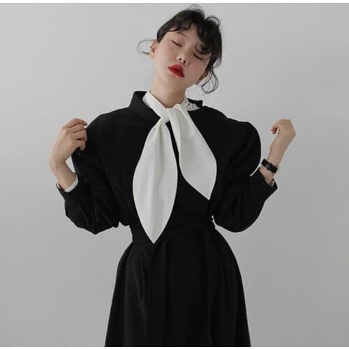 Women Spring Bow Tie Collar Long Sleeve Blouse Vintage Single Breasted Shirt Cardigan Tops Loose Solid Color Blusas