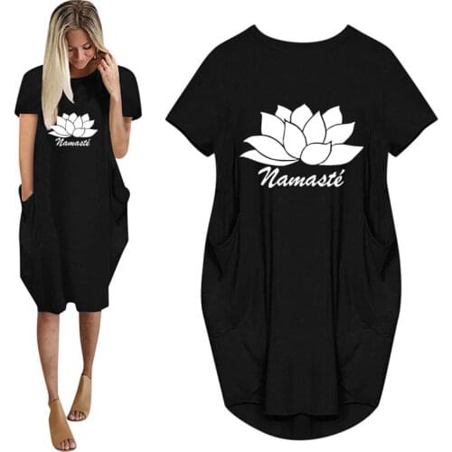 2021 New Lotus Flower Print Women Casual Loose Dress With Pocket Ladies Fashion O Neck Long Tops Female T Shirt Dress