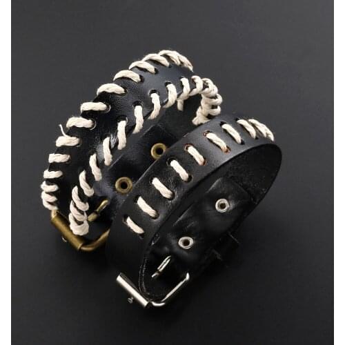 2021 Fashion Charm Jewelry Hand Woven Black Wide Leather Bracelet Retro Cuff Winding Belt Buckle Bracelet for Mens Accessories