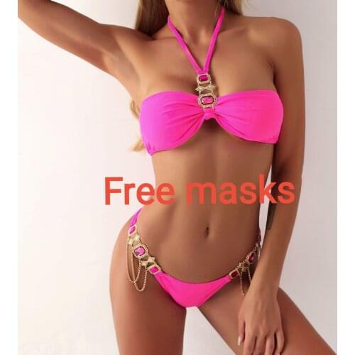 2021 Rhinestone Swimsuit Women Bikinis Crystal Diamond Bikini Set Metal Chain Swimwear female Luxury Aristocratic Swimming Suit