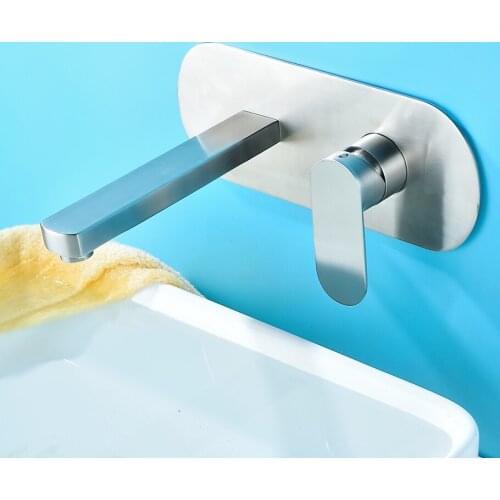 Beiluode Modern Stainless Steel Wall-Mount Faucet Square Single Hole Switch Ceramic Valve Bathroom Sink Bath Mixer Faucet MA1008