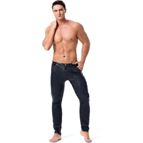Faux Leather Lingerie Exotic Pants Men Sexy Wetlook PU Latex Catsuit zipper crotch PVC Clubwear gay fetish Pants leggings zentai