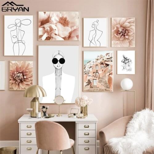 Bohemia Sexy Girl Canvas Poster Nordic Santorini Landscape Wall Art Print Painting Fashion Bloom Peony Flower Picture Home Decor