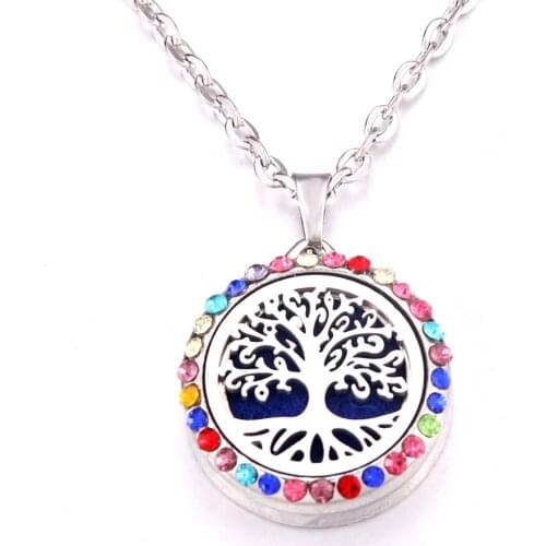 Colored zircon Tree of Life necklace Stainless Steel Aromatherapy Essential Oil Diffuser Perfume Locket Pendant Aroma Necklace