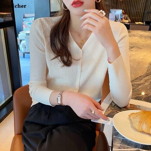 Womens cardigan sweater spring autumn long-sleeved V-neck single-breasted Ice silk knitted sweater ladies casual all-match tops