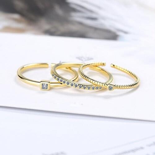 3pcs Thin Tiny Opened Finger Rings 5A Zircoina Gold Color Small Rings Exquisite Fashion Wedding Jewelry Gifts for Women Girl