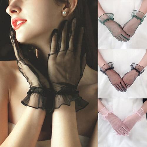 Summer Lace Mesh Gauze Gloves Bride Wedding Sexy Transparent Black Pink Short Design Gloves Women UV-Proof Mitten Gloves