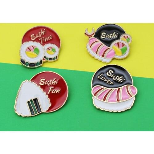 Cartoon Fun Food Enamel Brooch Salmon Sushi Seaweed Rice Ball Pin Custom Alloy Badge Cowboy Clothe Bag Accessories Woman Jewelry