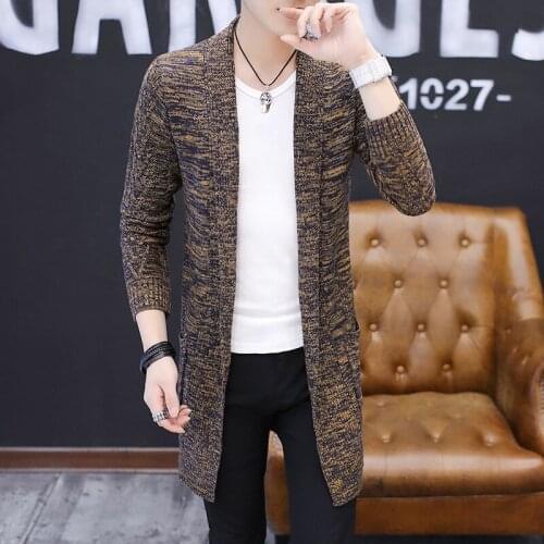 Men Long Style Cardigan Spring And Autumn X-Long Knit Sweater Jackets Solid Color Sweatercoat Long Mens Cardigans KK3203
