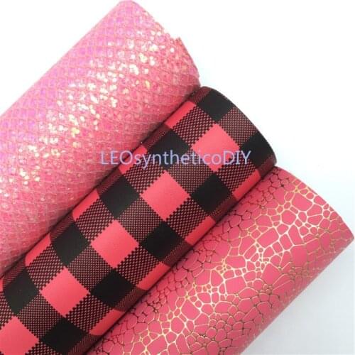 Onefly 21X29CM Pink Mesh Glitter Fabric, Plaids Printed Faux Leather Sheets For Bow DIY handbags shoes AQ041