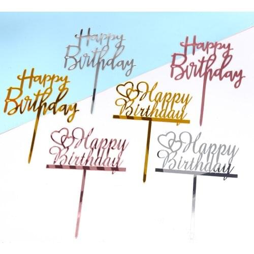 New Happy Birthday Acrylic Cake Toppers Golden Love Baking Cake Toppers for Kids Birthday Party Cupcake Decorations Supplies