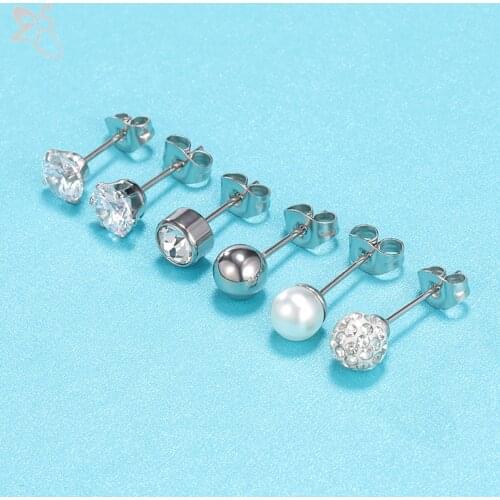 ZS 6 Pairs/lot CZ Crystal Stud Earring Set For Women Girl Trendy Stainless Steel Ear Studs Pearl Ear Helix Piercing Ball Jewelry