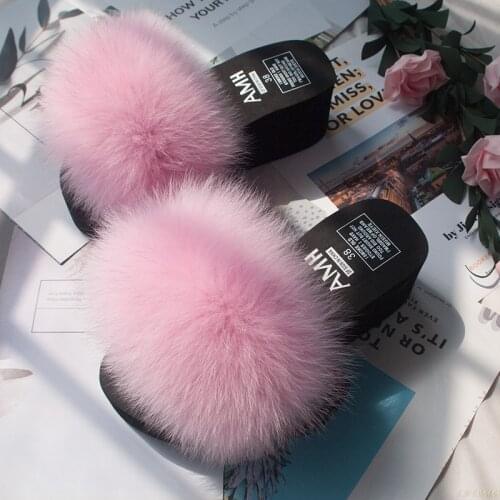 Fashion Summer Wedge Women Fur Slippers Fluffy Real Fox Fur Slides Soft Platform Shoes Home Slippers Woman Furry Fur Flip Flops