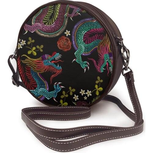 Embroidery Vintage Dragons And Flowers Round Crossbody Cell Phone Shoulder Bag Messenger Bags Fashion Daily Use For Women Wallet
