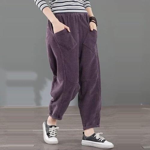 Womens trousers corduroy feet solid color pants loose casual literature retro autumn and winter warm all-match pants