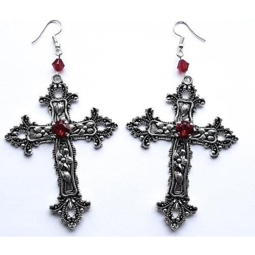 Goth Large Detailed Cross Drill Jewel Earrings Tone Gothic Punk Rock Wedding Jewellery Fashion Charm Statement Women Gift(Red