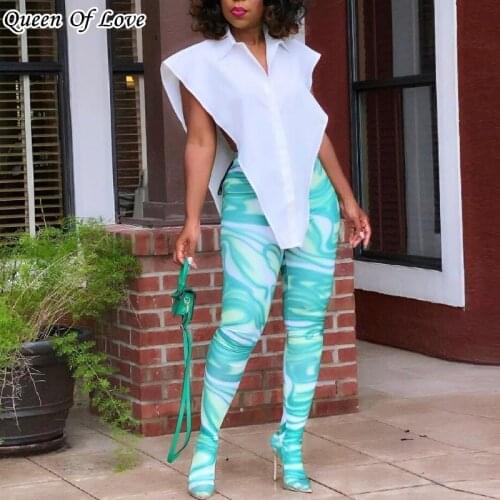 2 Piece Women White Irregular Triangle Shirt And Green Footed Leggings Matching Set 2021 Summer Fashion Streetwear Pants Outfits
